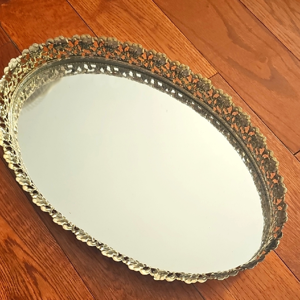 Gold Plated Oval Mirror Tray